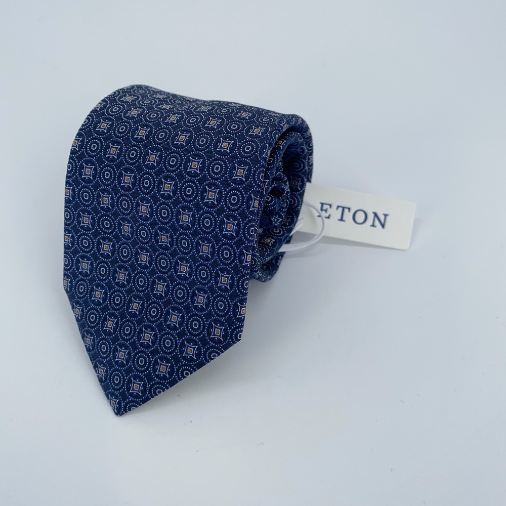 Eton Tie Mens One Size Navy Blue Patterned Silk Classic Necktie Italy‎ Made NWT